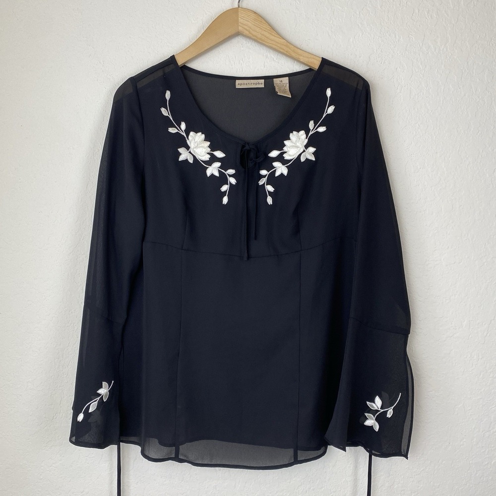 Vtg Apostrophe 12 Sheer Whimsigoth Blouse Babydoll Embroidered Floral Cottage